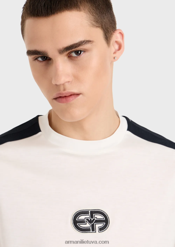 vyrų pieno baltumo Armani Tencel-blend trikotažiniai marškinėliai su lopinėliu ir juostelėmis 02482X1686