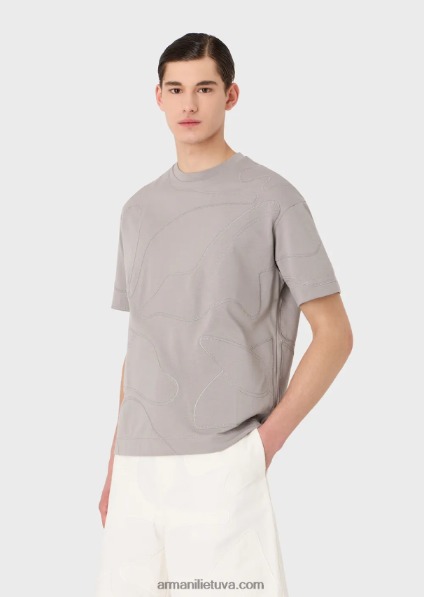 vyrų pilka Armani sunkūs džersio marškinėliai su atitinkamą spalvą atitinkančiais negabaritiniais kamufliažiniais siuvinėjimais 02482X1677