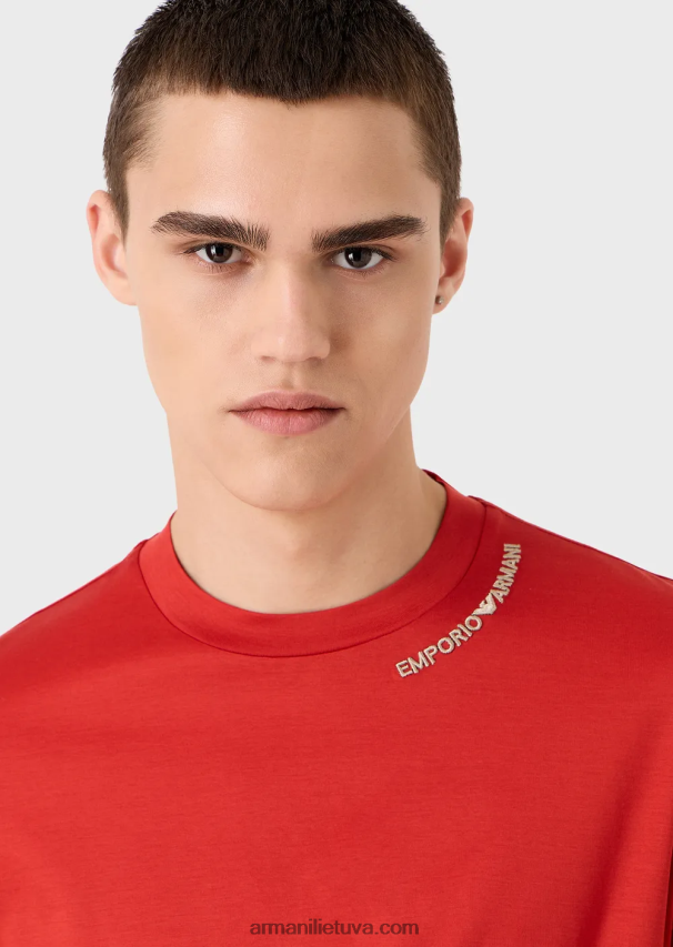 vyrų raudona Armani Tencel-blend džersio marškinėliai su logotipo siuvinėjimu ant iškirptės 02482X1668