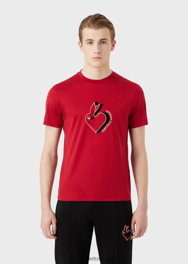 vyrų raudona Armani Tencel-blend jersey marškinėliai su triušio siuvinėjimu 02482X1657