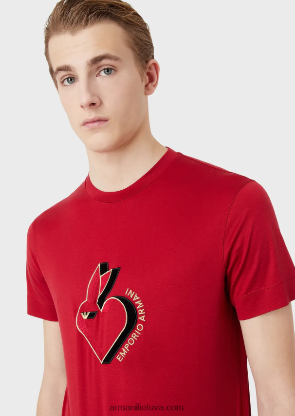 vyrų raudona Armani Tencel-blend jersey marškinėliai su triušio siuvinėjimu 02482X1657