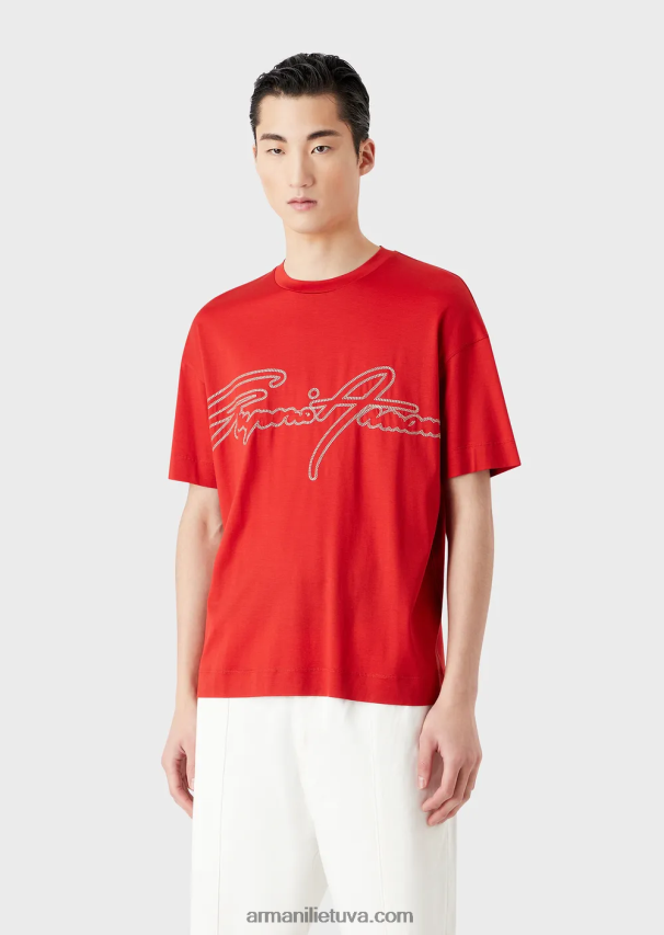 vyrų raudona Armani Tencel mišinio džersio marškinėliai su viršutine dygsniuota firminio logotipo siuvinėjimu 02482X1651