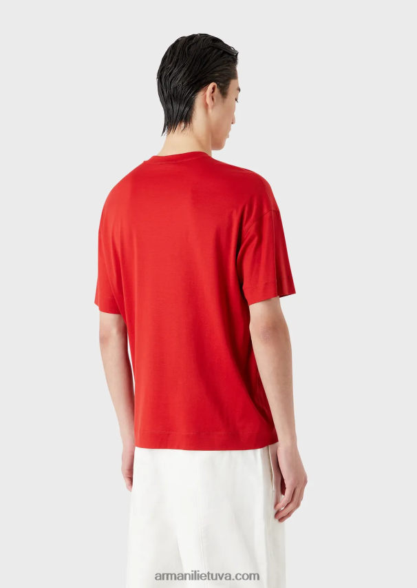 vyrų raudona Armani Tencel mišinio džersio marškinėliai su viršutine dygsniuota firminio logotipo siuvinėjimu 02482X1651