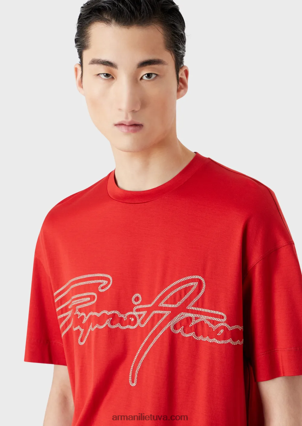 vyrų raudona Armani Tencel mišinio džersio marškinėliai su viršutine dygsniuota firminio logotipo siuvinėjimu 02482X1651