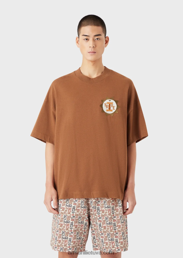 vyrų smėlio spalvos Armani tvarios kolekcijos ekologiški amerikietiško trikotažo marškinėliai su pleistru 02482X1683