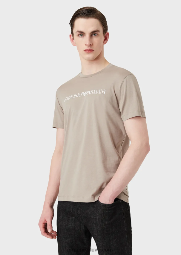 vyrų smėlio spalvos logotipas Armani Pima jersey marškinėliai su logotipu 02482X1715