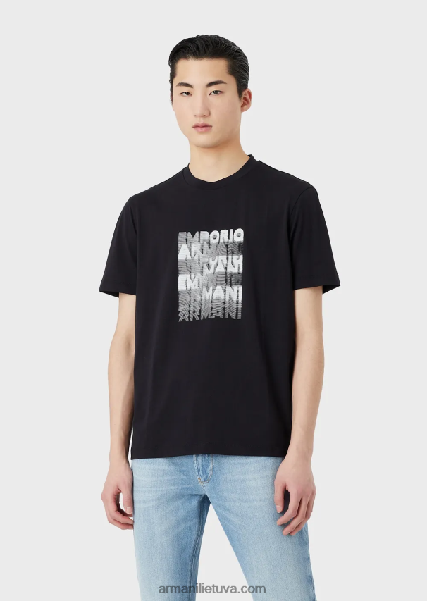 vyrų tamsiai mėlyna Armani Pima jersey marškinėliai su 80-ųjų efekto logotipu 02482X1647