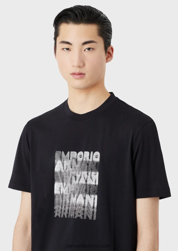 vyrų tamsiai mėlyna Armani Pima jersey marškinėliai su 80-ųjų efekto logotipu 02482X1647