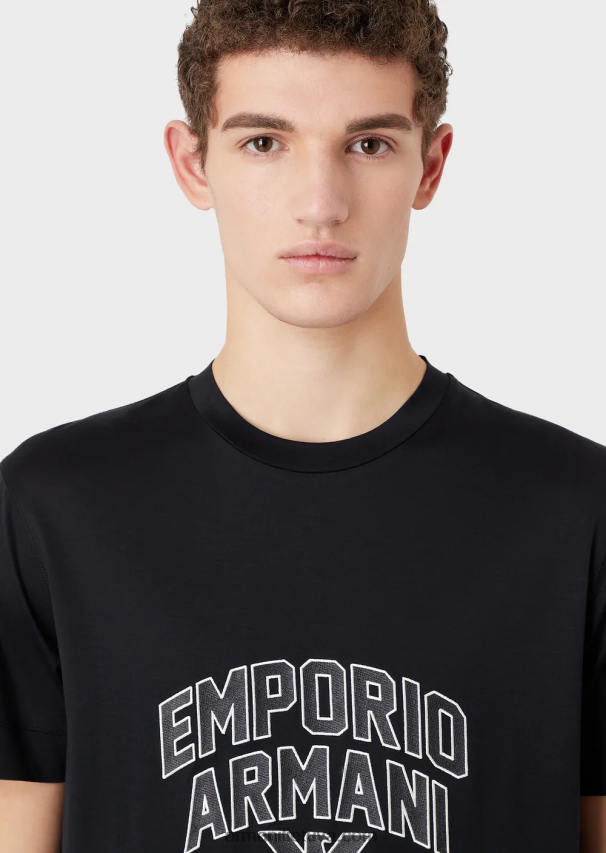 vyrų tamsiai mėlyna Armani Tencel-blend džersio marškinėliai su ryškiu logotipo siuvinėjimu 02482X1611