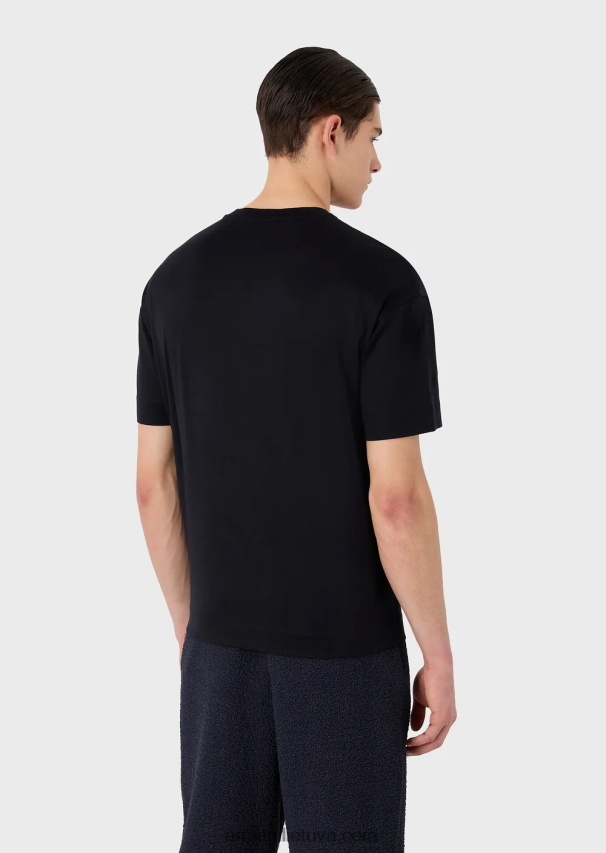 vyrų tamsiai mėlyna Armani Tencel mišinio džersio marškinėliai su silueto siuvinėjimu ir firminiu raštu 02482X1628