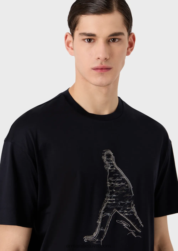 vyrų tamsiai mėlyna Armani Tencel mišinio džersio marškinėliai su silueto siuvinėjimu ir firminiu raštu 02482X1628