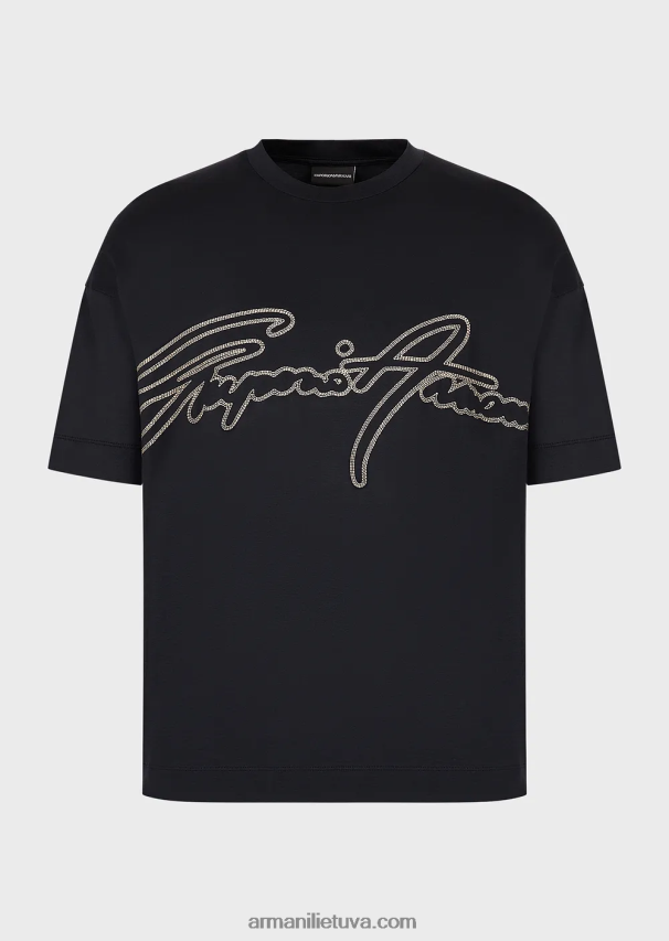 vyrų tamsiai mėlyna Armani Tencel mišinio džersio marškinėliai su viršutine dygsniuota firminio logotipo siuvinėjimu 02482X1653