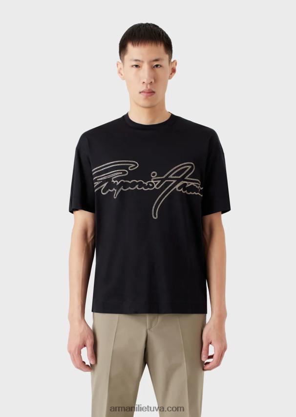 vyrų tamsiai mėlyna Armani Tencel mišinio džersio marškinėliai su viršutine dygsniuota firminio logotipo siuvinėjimu 02482X1653