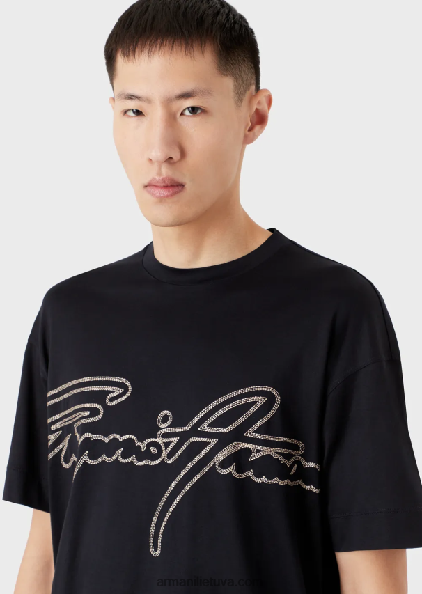 vyrų tamsiai mėlyna Armani Tencel mišinio džersio marškinėliai su viršutine dygsniuota firminio logotipo siuvinėjimu 02482X1653