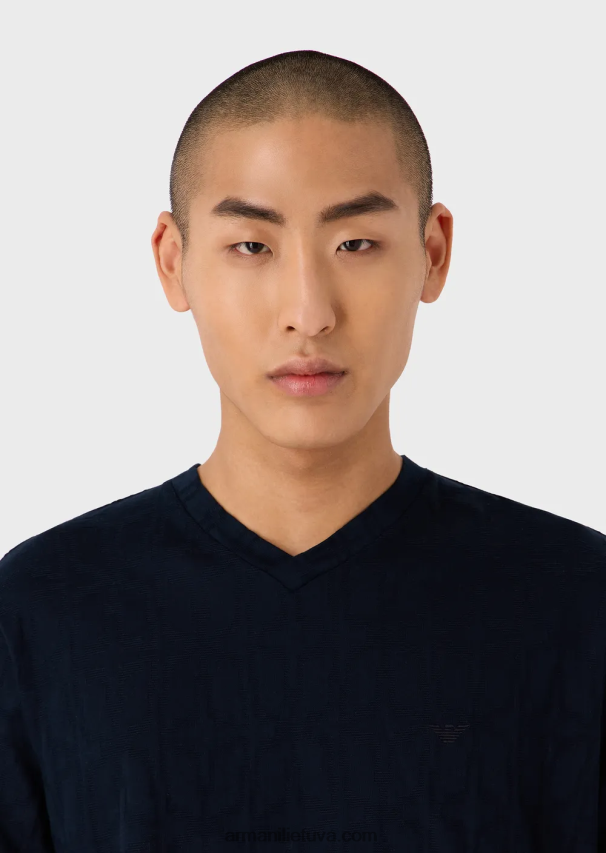 vyrų tamsiai mėlyna Armani V-kaklo marškinėliai su mikro armure 02482X1745