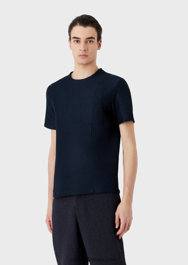 vyrų tamsiai mėlyna Armani megztinis trumpomis rankovėmis iš reljefinio žakardo trikotažo 02482X1689