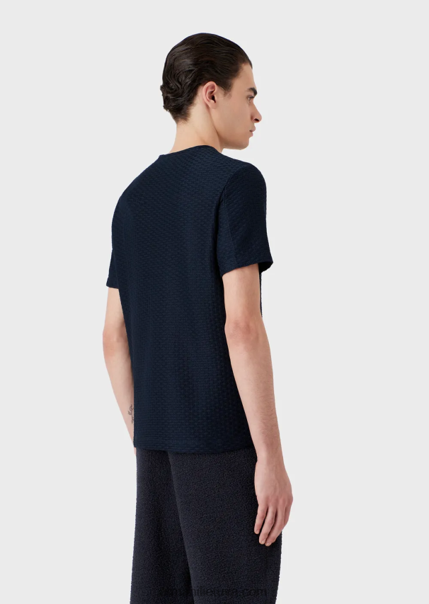 vyrų tamsiai mėlyna Armani megztinis trumpomis rankovėmis iš reljefinio žakardo trikotažo 02482X1689