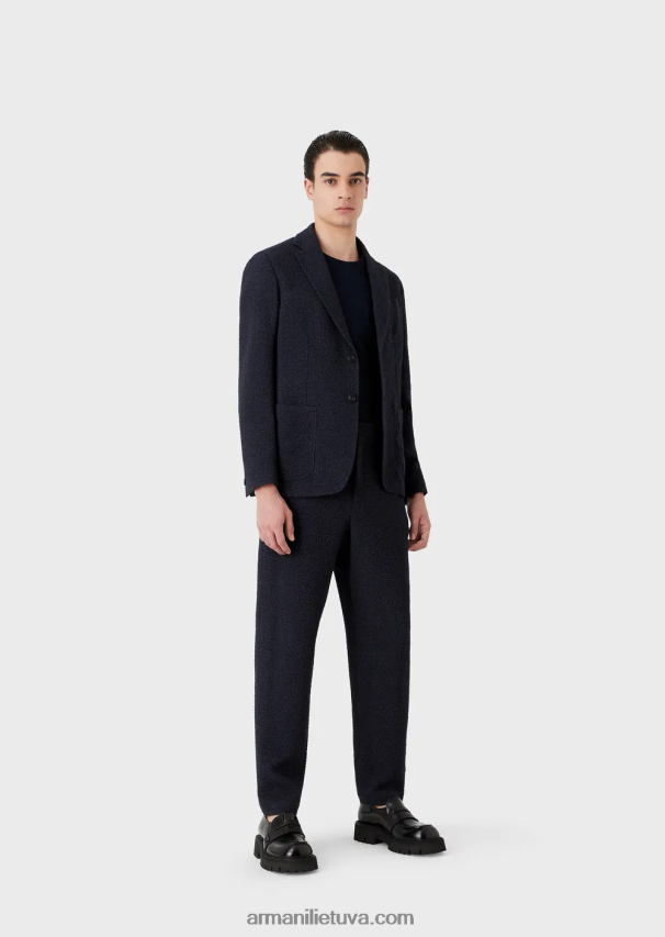 vyrų tamsiai mėlyna Armani megztinis trumpomis rankovėmis iš reljefinio žakardo trikotažo 02482X1689