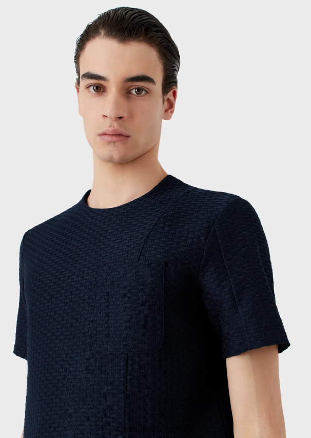 vyrų tamsiai mėlyna Armani megztinis trumpomis rankovėmis iš reljefinio žakardo trikotažo 02482X1689