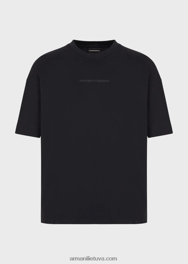 vyrų tamsiai mėlyna Armani storo trikotažo marškinėliai su ryškiu guminiu logotipu 02482X1629