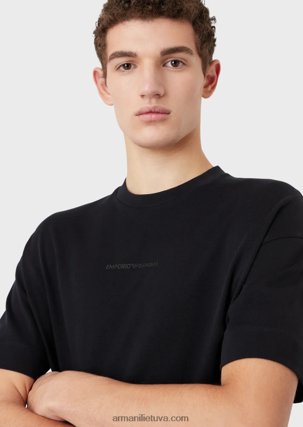 vyrų tamsiai mėlyna Armani storo trikotažo marškinėliai su ryškiu guminiu logotipu 02482X1629