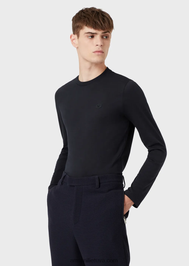 vyrų tamsiai mėlyna Armani tamprus supima džemperis su mikro logotipu 02482X1749