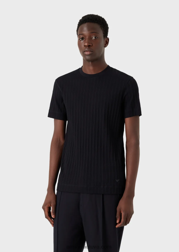 vyrų tamsiai mėlyna Armani trikotažiniai marškinėliai su briaunuotu žakardo motyvu 02482X1672