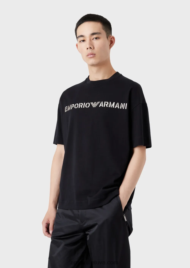 vyrų tamsiai mėlynasunkūs džersio marškinėliai su emporio armani siuvinėjimais kariniu šriftu 02482X1626