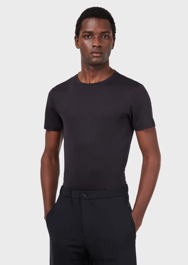 vyrų vidurnakčio mėlyna Armani šilko/medvilnės mišinio marškinėliai 02482X1737