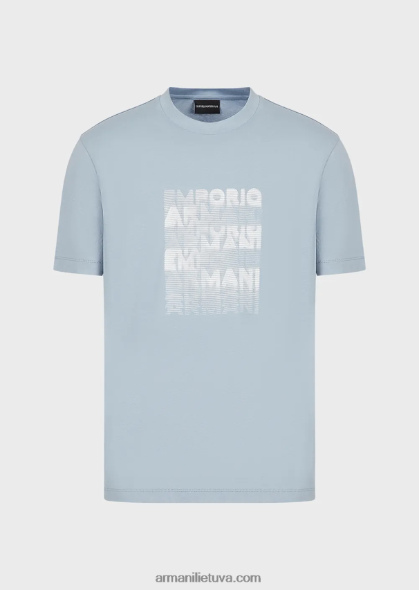vyrų žydros spalvos Armani Pima jersey marškinėliai su 80-ųjų efekto logotipu 02482X1646