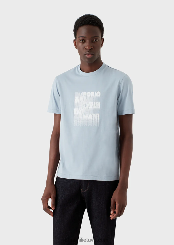 vyrų žydros spalvos Armani Pima jersey marškinėliai su 80-ųjų efekto logotipu 02482X1646