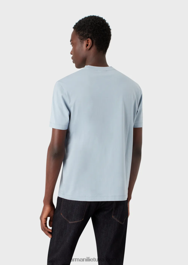vyrų žydros spalvos Armani Pima jersey marškinėliai su 80-ųjų efekto logotipu 02482X1646