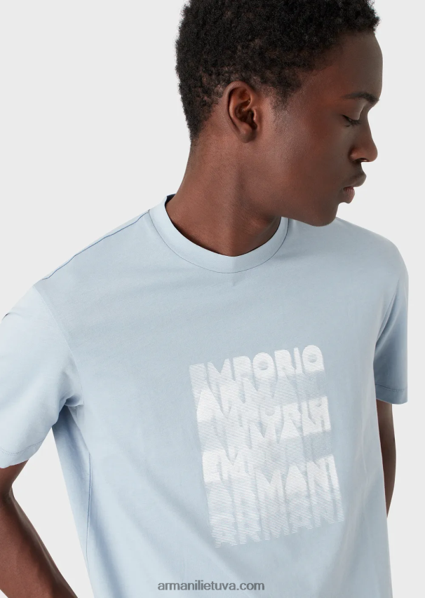 vyrų žydros spalvos Armani Pima jersey marškinėliai su 80-ųjų efekto logotipu 02482X1646