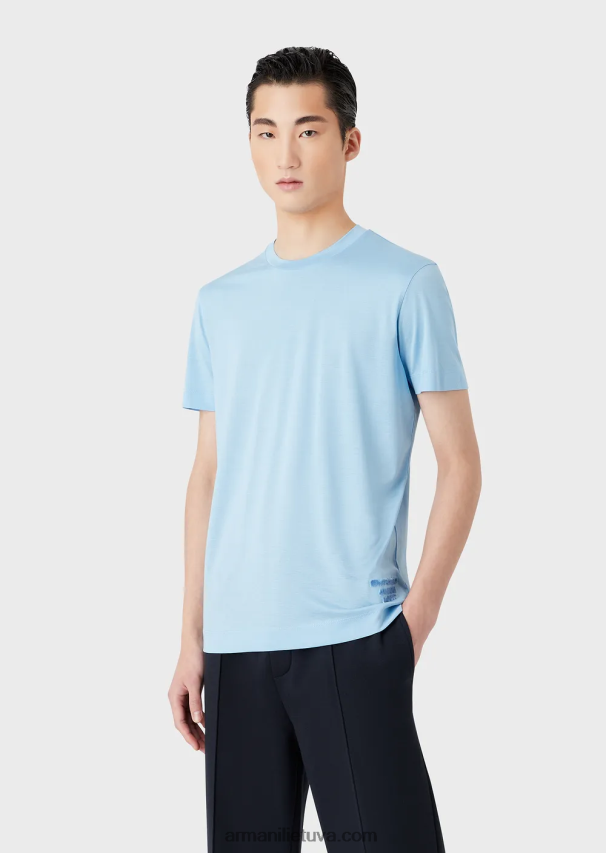 vyrų žydros spalvos Armani Tencel-blend džersio marškinėliai su įspaustu 3D logotipu 02482X1642