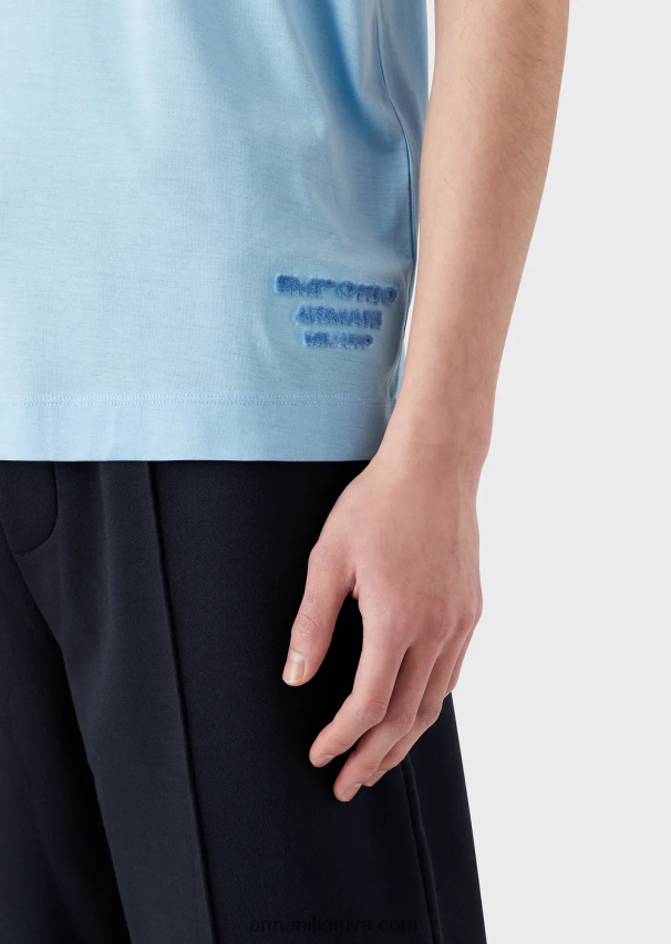 vyrų žydros spalvos Armani Tencel-blend džersio marškinėliai su įspaustu 3D logotipu 02482X1642