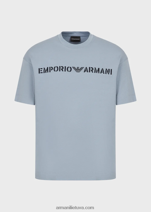vyrų žydros spalvossunkūs džersio marškinėliai su emporio armani siuvinėjimais kariniu šriftu 02482X1624