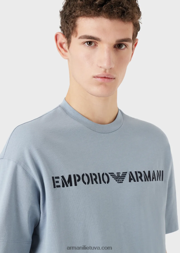 vyrų žydros spalvossunkūs džersio marškinėliai su emporio armani siuvinėjimais kariniu šriftu 02482X1624