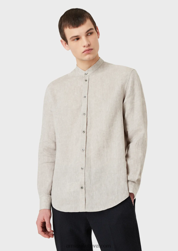 vyrųArmani modernaus stiliaus lininiai chambray guru marškiniai su apykakle 02482X1140
