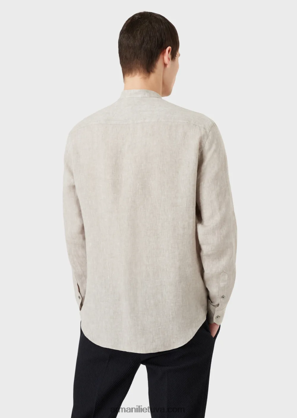vyrųArmani modernaus stiliaus lininiai chambray guru marškiniai su apykakle 02482X1140