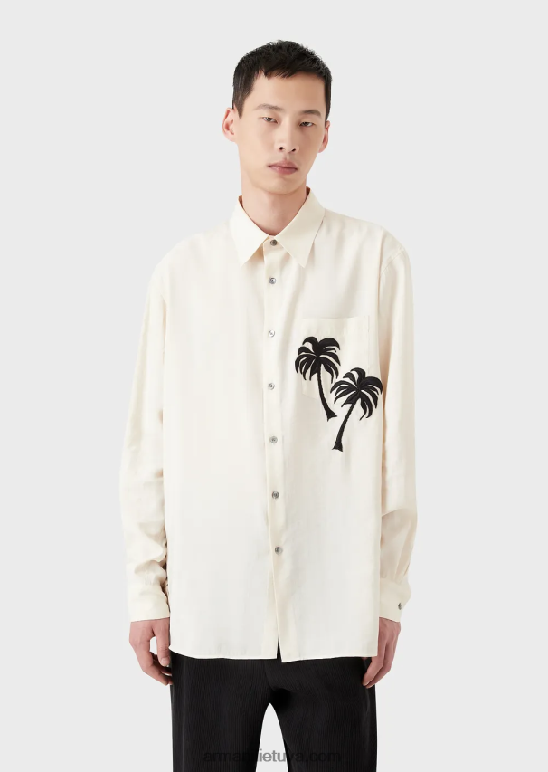 vyrų baltas Armani Lygios apdailos modaliniai marškiniai su palmės lopinėliu 02482X1088