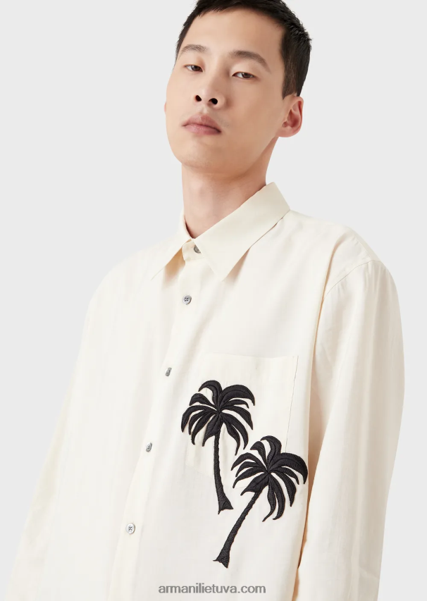 vyrų baltas Armani Lygios apdailos modaliniai marškiniai su palmės lopinėliu 02482X1088