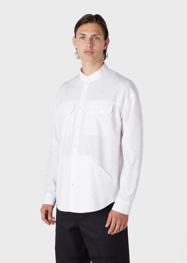 vyrų baltas Armani Pima poplin guru marškinėliai su apykakle su kišenėmis 02482X1074