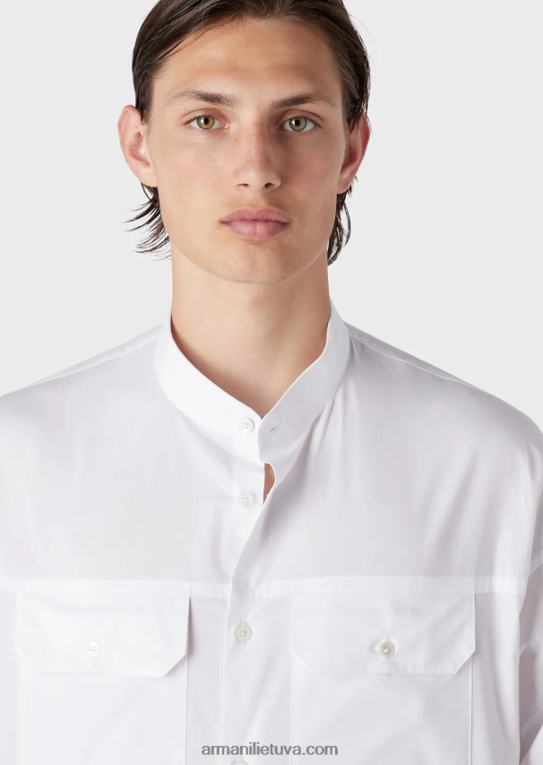 vyrų baltas Armani Pima poplin guru marškinėliai su apykakle su kišenėmis 02482X1074