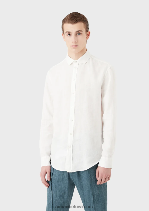 vyrų baltas Armani drabužiais dažyti lininiai marškiniai su prancūziška apykakle 02482X1081