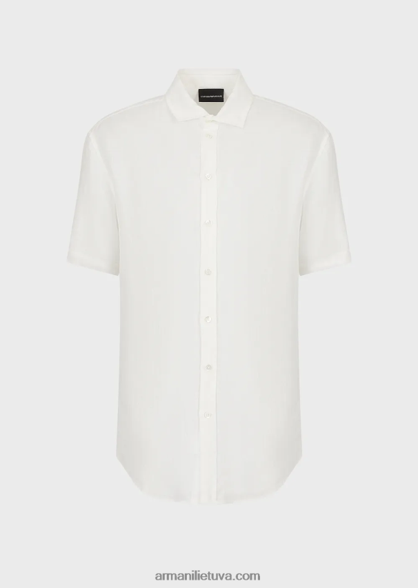 vyrų baltas Armani drabužiais dažyti lininiai marškiniai trumpomis rankovėmis prancūziška apykakle 02482X1064