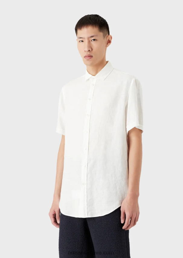 vyrų baltas Armani drabužiais dažyti lininiai marškiniai trumpomis rankovėmis prancūziška apykakle 02482X1064