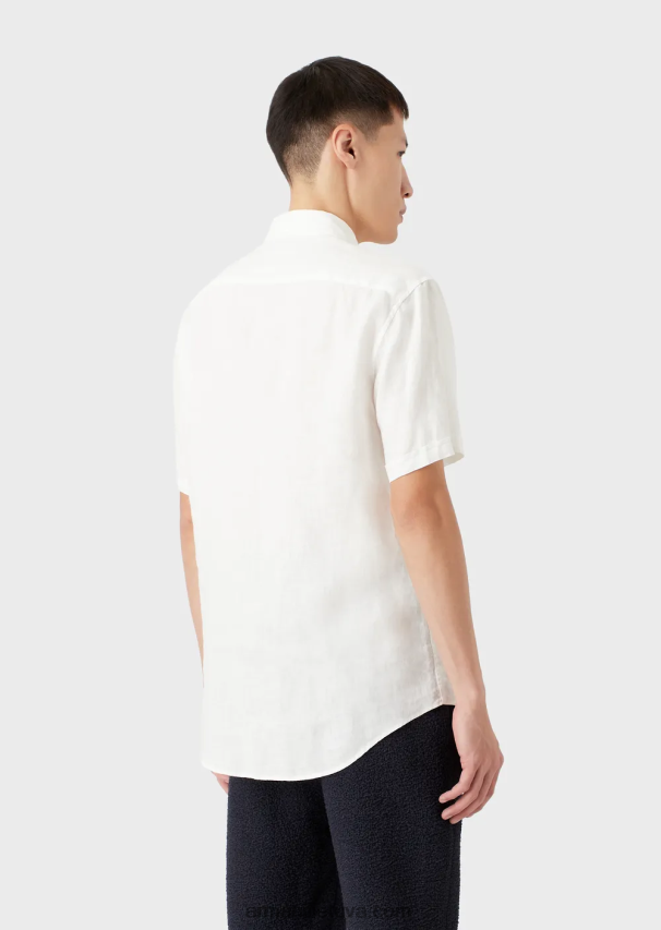 vyrų baltas Armani drabužiais dažyti lininiai marškiniai trumpomis rankovėmis prancūziška apykakle 02482X1064