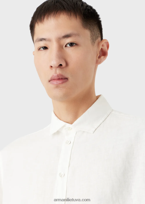 vyrų baltas Armani drabužiais dažyti lininiai marškiniai trumpomis rankovėmis prancūziška apykakle 02482X1064