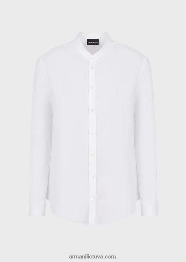 vyrų baltas Armani lininiai chambray marškiniai su guru apykakle 02482X1099