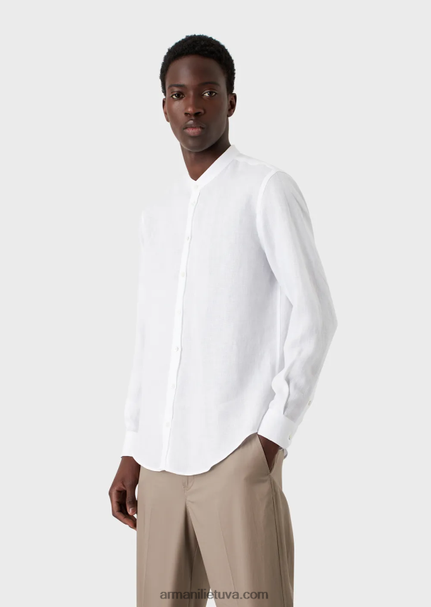 vyrų baltas Armani lininiai chambray marškiniai su guru apykakle 02482X1099